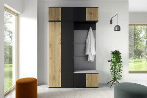 Eka Předsíňová stěna s čalouněnými panely Joey 3 - Černá a Dub Artisan / Šedá 2314