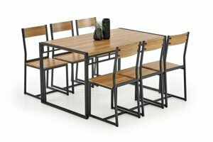 Jídelní set BOLIVAR 1 + 6 – 140x80x75, zlatý dub/kov, černý