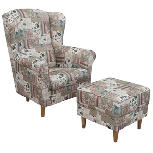 Křeslo ušák WANGI s taburetem, látka patchwork