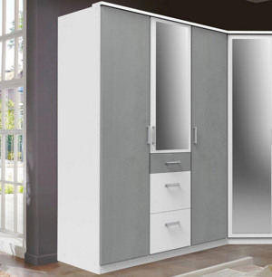 Šatní skříň se zrcadlem Click, 135 cm, bílá/šedý beton