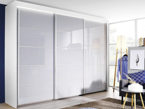 Šatní skříň s osvětlením Imperial, 300 cm, bílá/bílé sklo