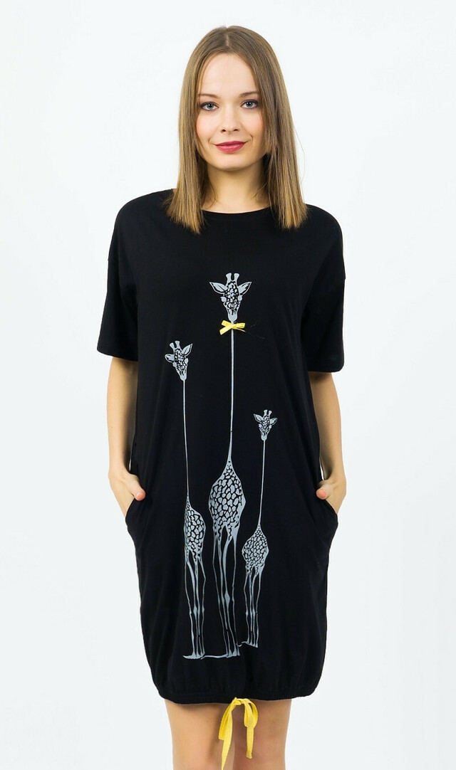 Dámské domácí šaty s krátkým rukávem Žirafy - černá S