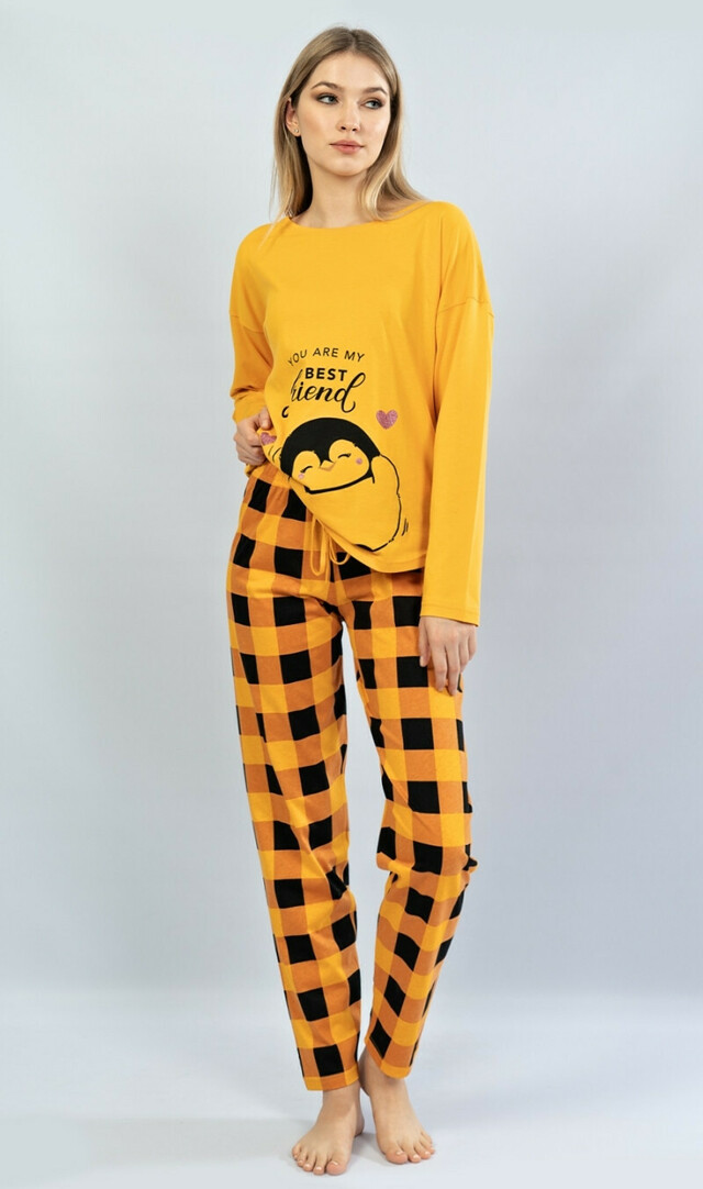 Dámské pyžamo dlouhé Tučňák - žlutá L