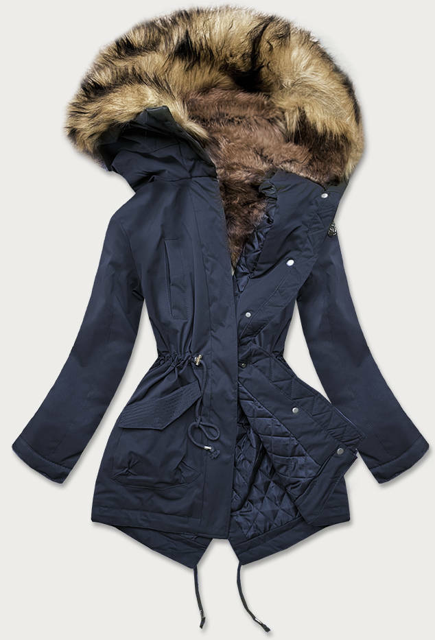 Tmavě modrá prošívaná dámská zimní bunda s kožešinou (M-137) - XXL (44) - odcienie niebieskiego