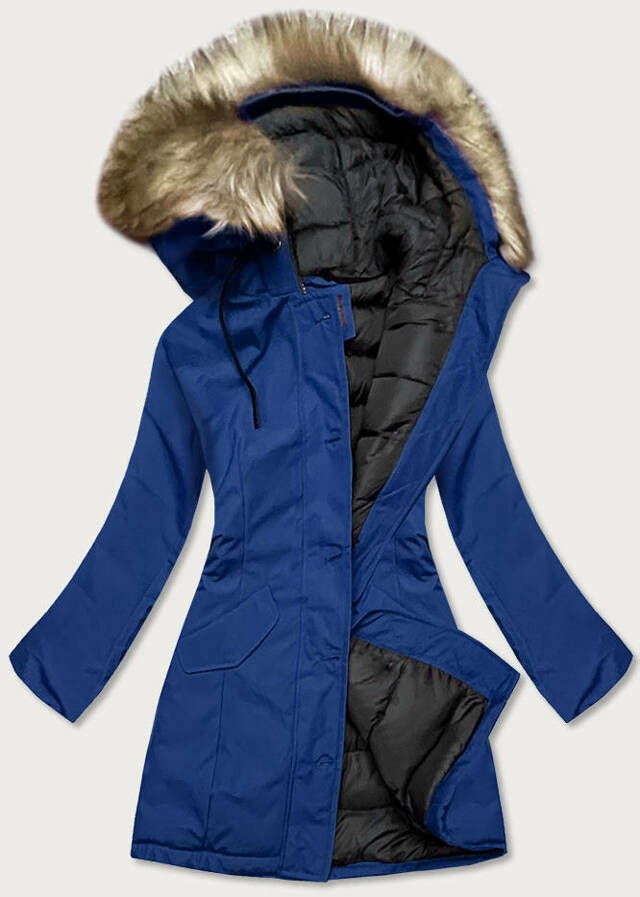 Tmavě modrá dámská zimní bunda s kapucí (J9-065) - S (36) - odcienie niebieskiego