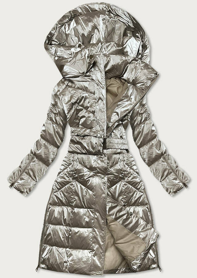 Dlouhá lesklá béžová dámská zimní bunda (775) - M (38) - odcienie beżu