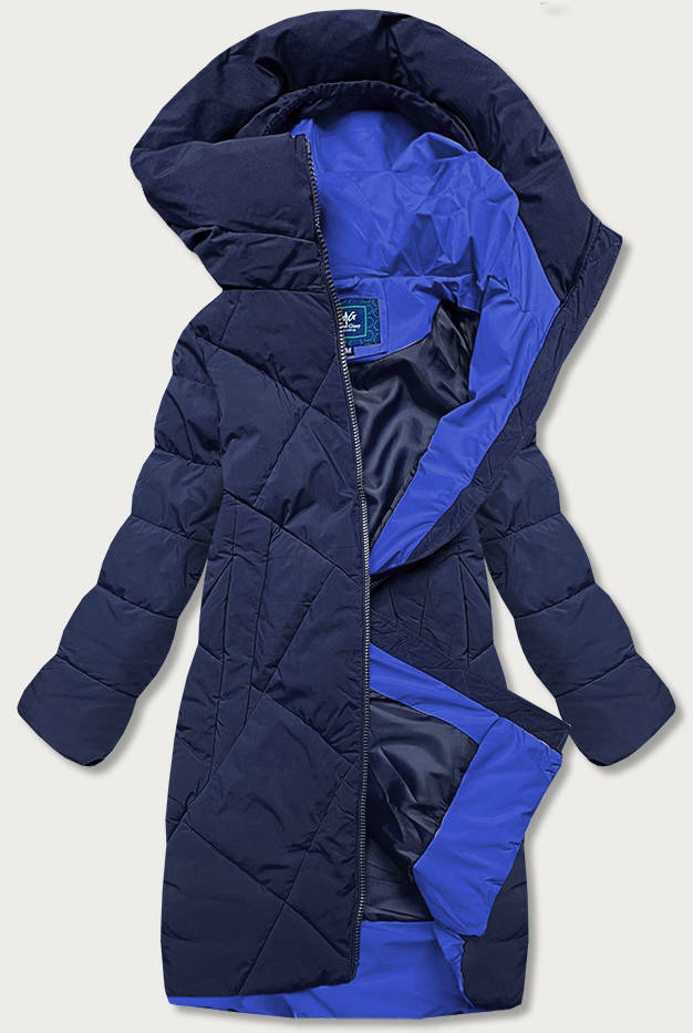 Tmavě modrá delší dámská zimní bunda s vysokým stojáčkem (J9-067) - S (36) - odcienie niebieskiego