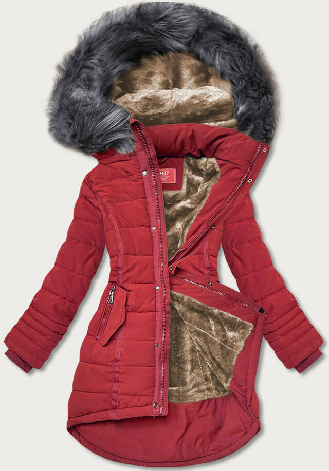 Tmavě červená asymetrická dámská zimní bunda (M-21301) - S (36) - odcienie czerwieni