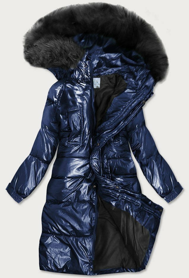 Tmavě modrá dámská metalická zimní bunda s kapucí (8295) - M (38) - modrá