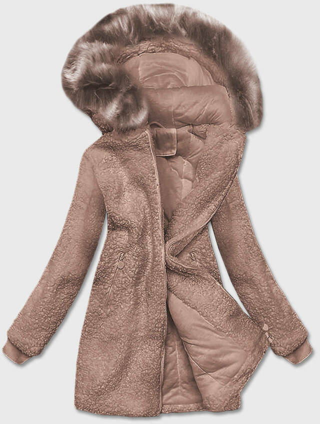 Béžová dámská bunda "beránek" s kapucí (H-1030-22) - XXL (44) - odcienie beżu
