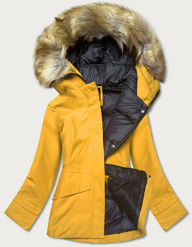 Žlutá dámská zimní bunda s kapucí (J9-066) - M (38) - odcienie żółtego