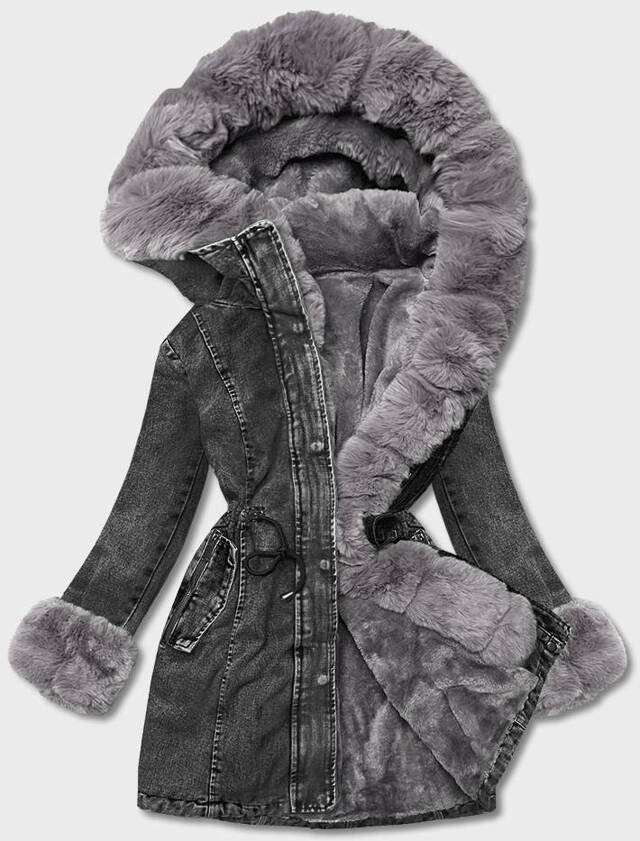 Černo/šedá dámská džínová bunda s kožešinovou podšívkou (B8068-109) - XS (34) - odcienie czerni
