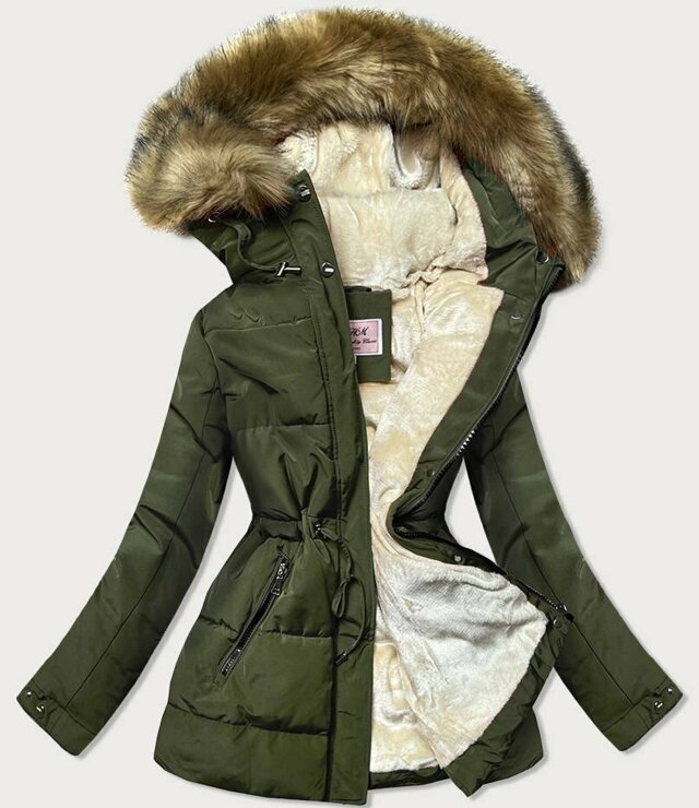 Khaki/hnědá dámská zimní bunda parka s mechovitým kožíškem (W560) - XL (42) - odcienie zieleni
