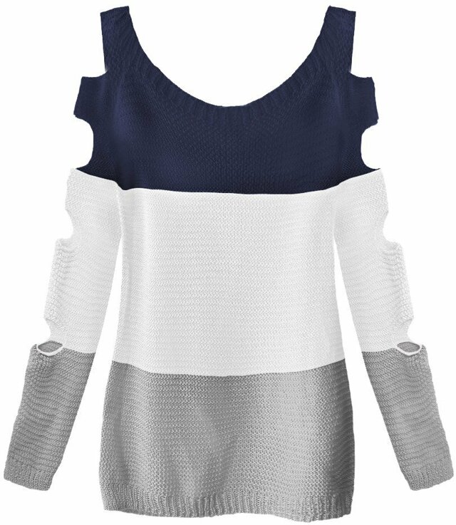 Tmavě modro-bílý svetr s průstřihy na rukávech (228ART) - ONE SIZE - bílá