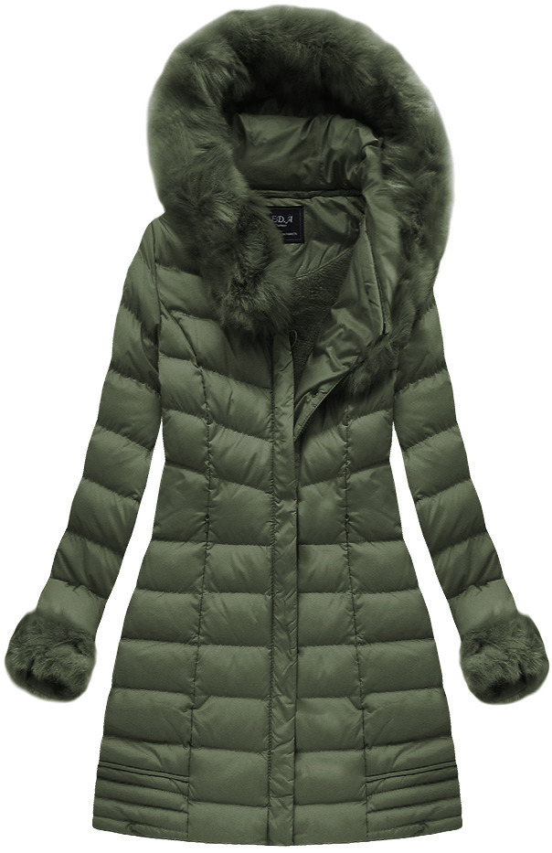 Dámská zimní prošívaná bunda v khaki barvě s kapucí (W750-1) - S (36) - khaki