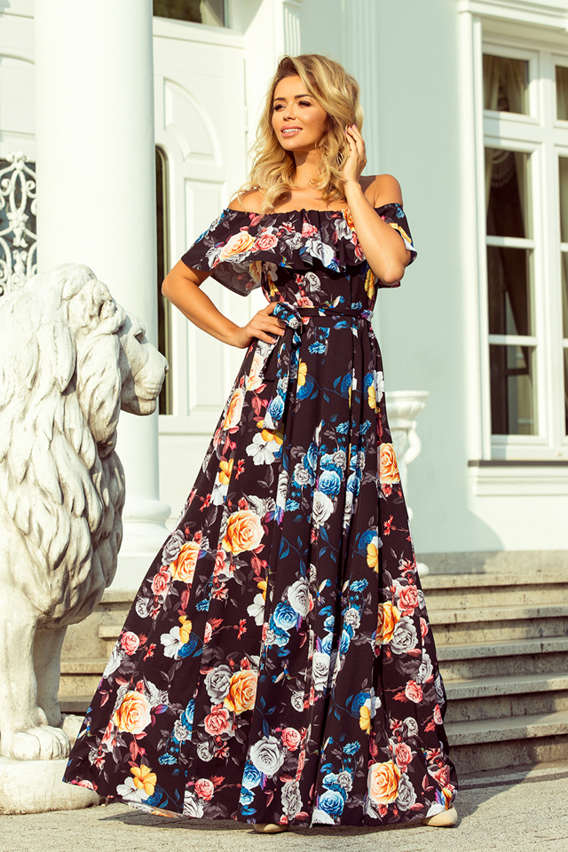 Dlouhé dámské černé šaty s barevnými květy a španělským výstřihem model 7118058 - XS