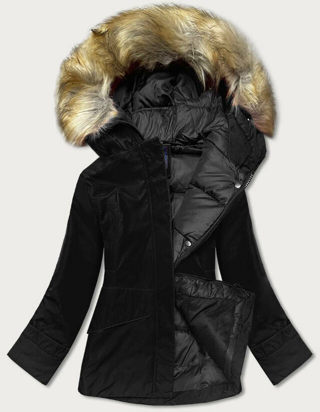 Černá dámská zimní bunda s kapucí (J9-066) - XXL (44) - odcienie czerni