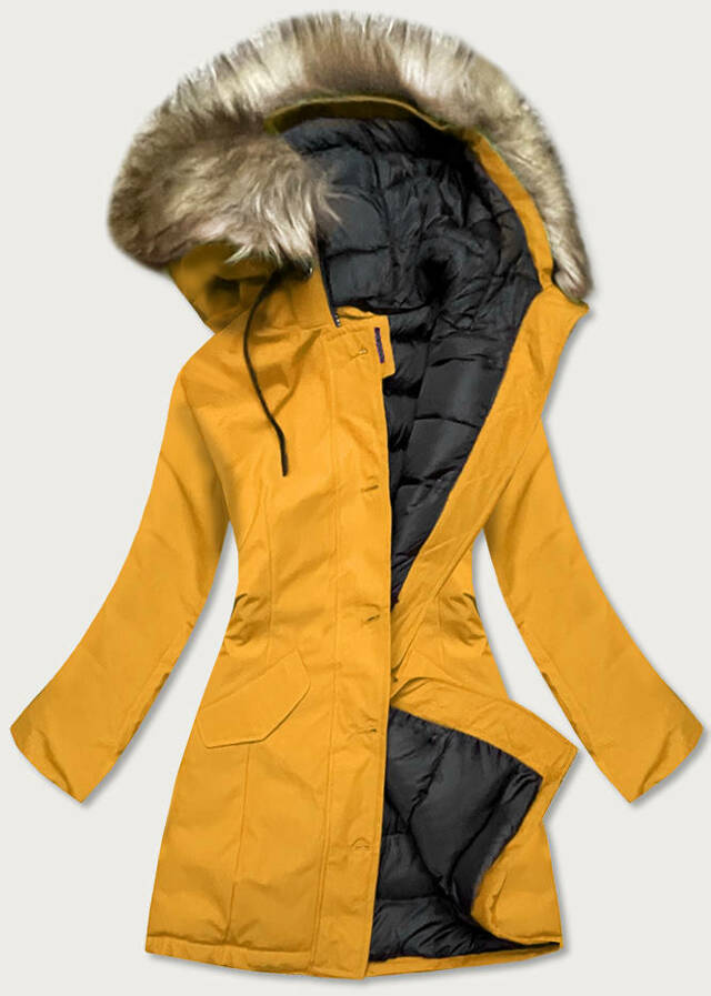 Žlutá dámská zimní bunda s kapucí (J9-065) - S (36) - žlutá