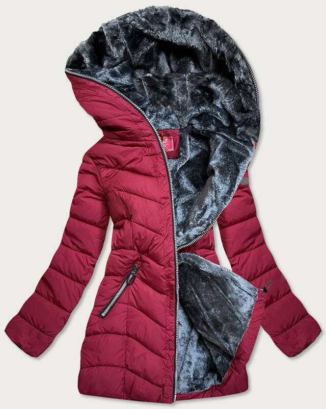 Červená zimní bunda s kapucí a kožešinovou podšívkou (M21007) - S (36) - červená