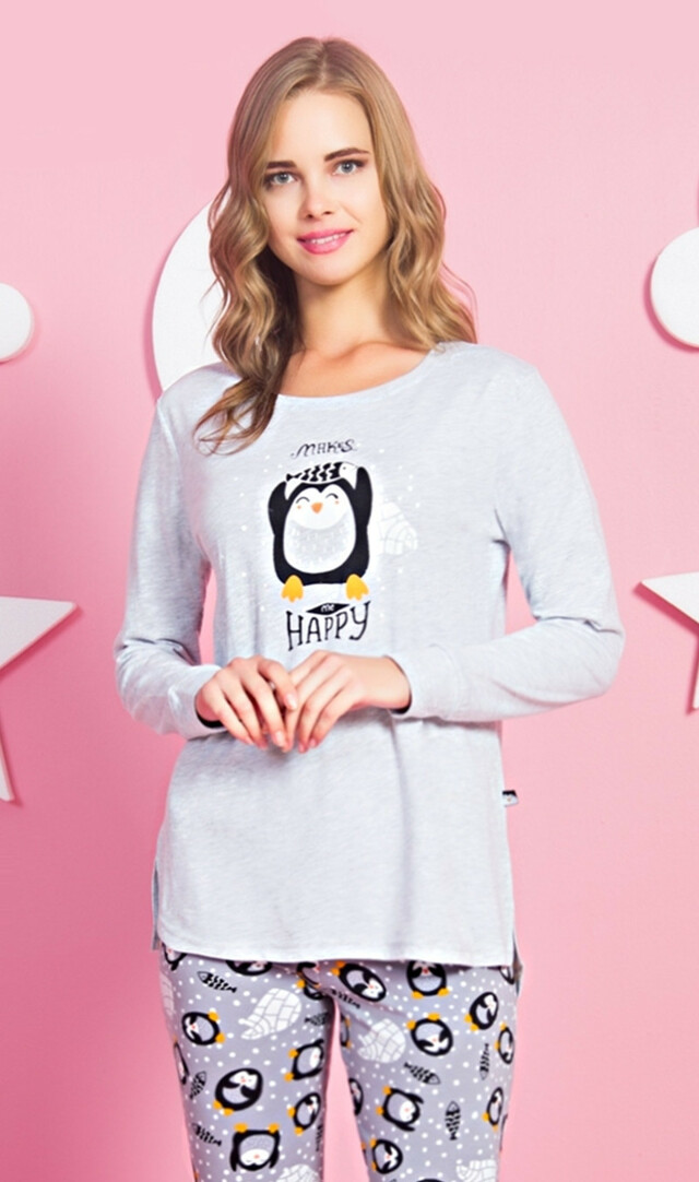Dámské pyžamo dlouhé Tučňák Happy - šedá XL