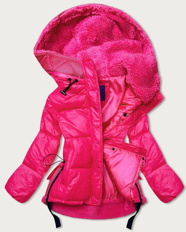 Krátká růžová dámská zimní bunda s kapucí (jin211) - S (36) - růžová