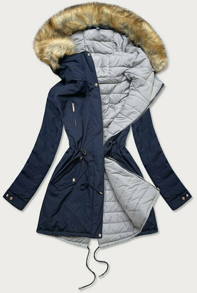 Tmavě modro-šedá oboustranná dámská zimní bunda s kapucí (W210) - M (38) - odcienie szarości