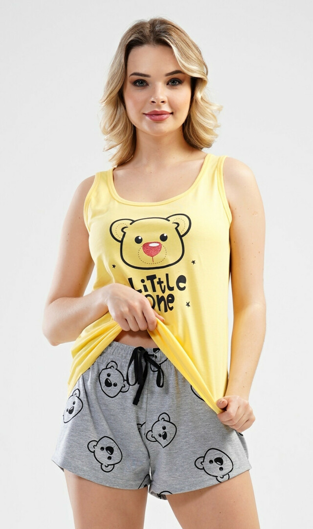 Dámské pyžamo šortky na ramínka Medvídek - žlutá S