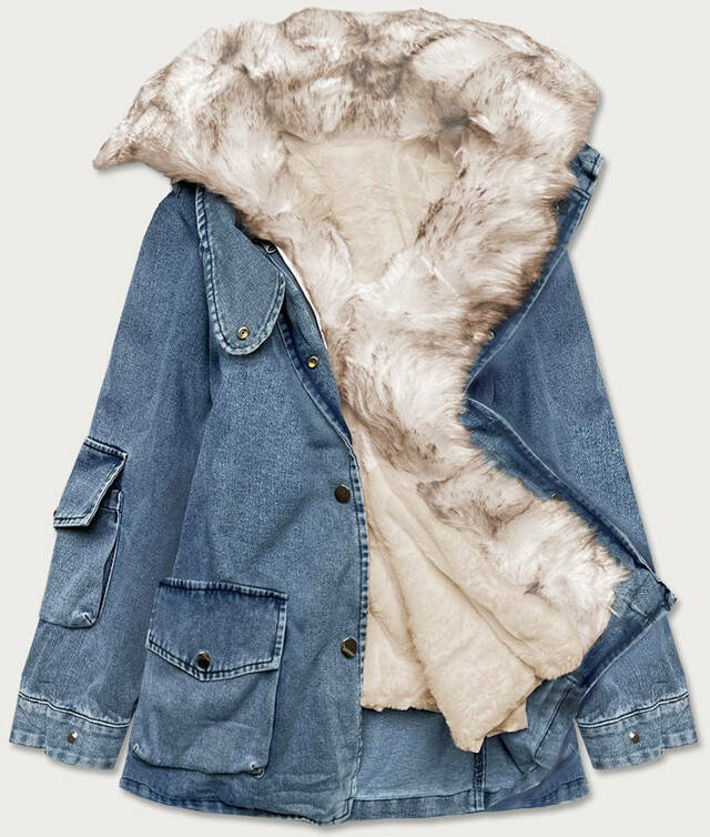 Světle modro/béžová dámská džínová bunda s kožešinovým límcem (BR9585-50046) - XL (42) - modrá