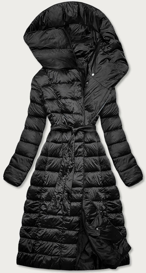 Černý prošívaný kabát s vysokým stojáčkem a kapucí (ag1-j9062b) - 48 - odcienie czerni