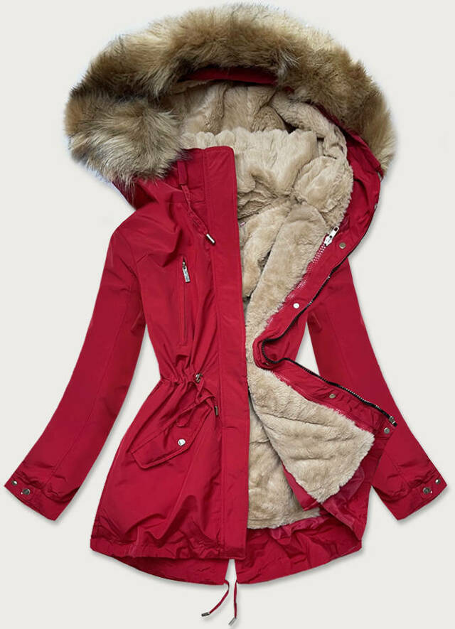 Červeno-tmavě béžová dámská zimní bunda s mechovitým kožíškem (W553) - XXL (44) - odcienie czerwieni