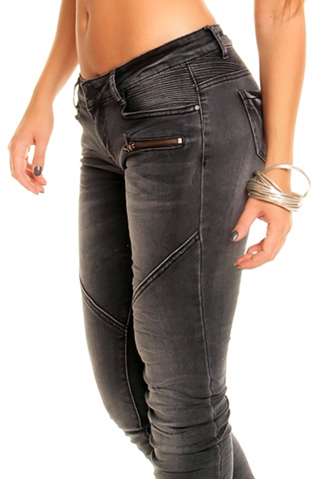 Dámské džíny značkové elastické REDIAL 2055-1 DG zdobené prošíváním a zipem na nohavici dlouhé tmavě šedé - Tmavě šedá / XS - REDIAL - 34