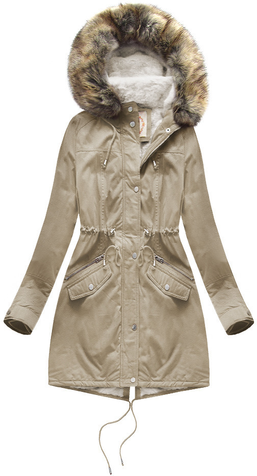 Béžová dámská zimní bunda parka s mechovitým kožíškem a s kapucí (7602BIG) - 52 - odcienie beżu