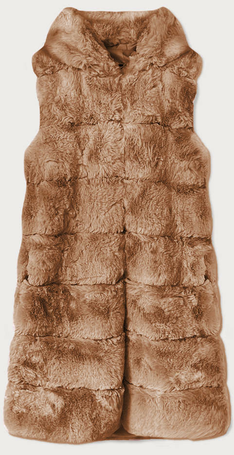 Světle hnědá dlouhá kožešinová vesta a kapucí (BR9745-12) - S (36) - odcienie brązu