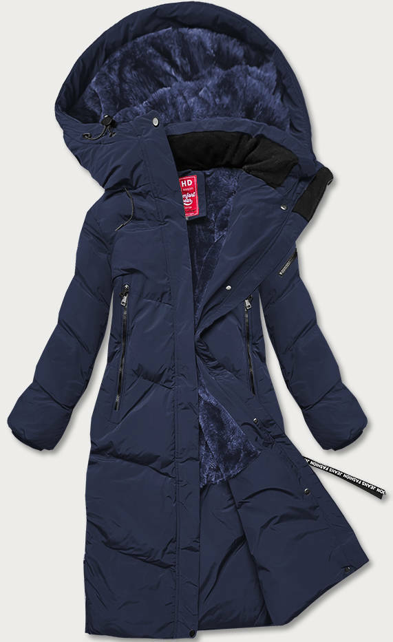 Tmavě modrá dlouhá dámská zimní bunda s kožešinovou podšívkou (2M-011) - XXL (44) - odcienie niebieskiego