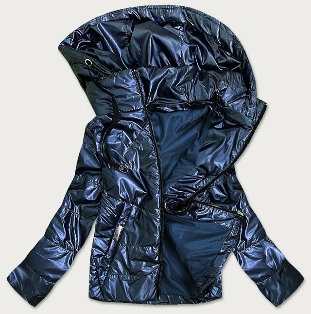 Tmavě modrá lesklá dámská bunda s kapucí (B9575) - 48 - odcienie niebieskiego