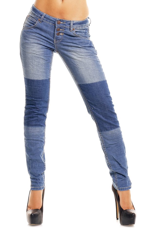 Dámské džíny značkové elastické SUBLEVEL 8731 BL zdobené pruhem na nohavici se třemi knoflíky modré - Modrá / L - Sublevel - L