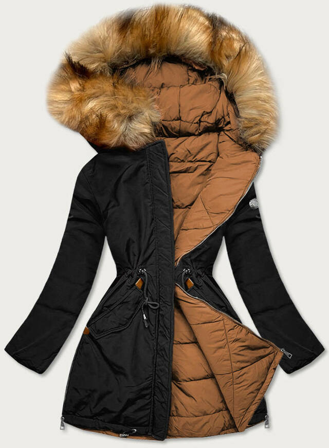 Černo-karamelová oboustranná dámská zimní bunda (M-210A5) - XXL (44) - odcienie brązu