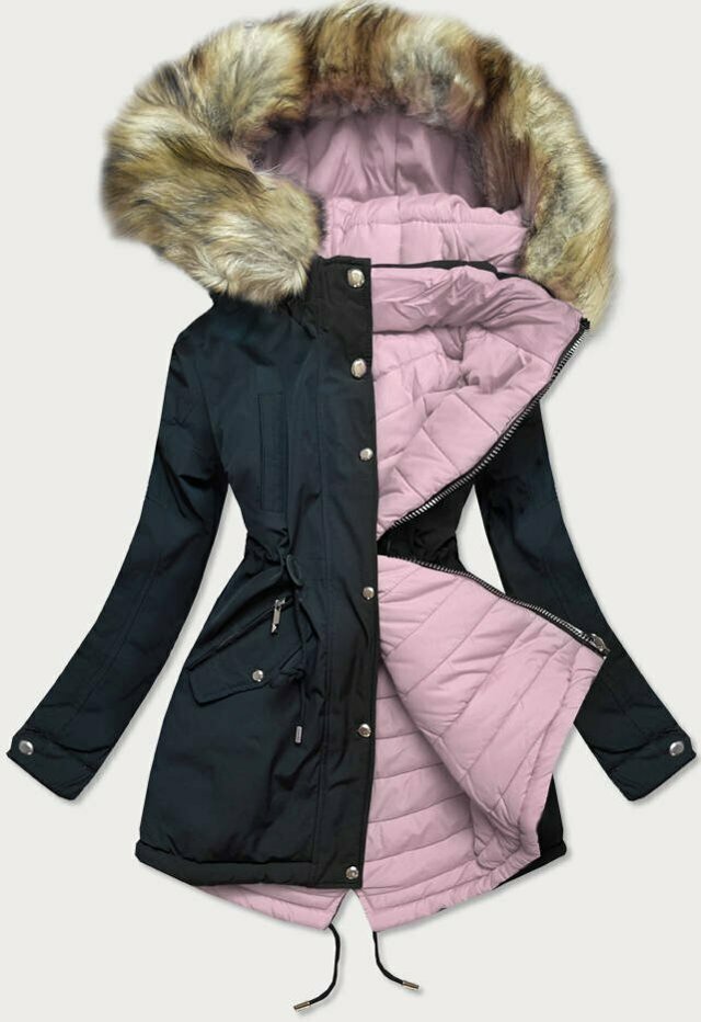 Tmavě modro-růžová oboustranná dámská zimní bunda s kapucí (W211) - S (36) - odcienie różu