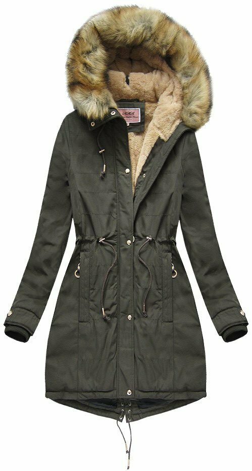 Teplá dámská zimní bunda parka v khaki barvě (W165) - XXL (44) - odcienie zieleni