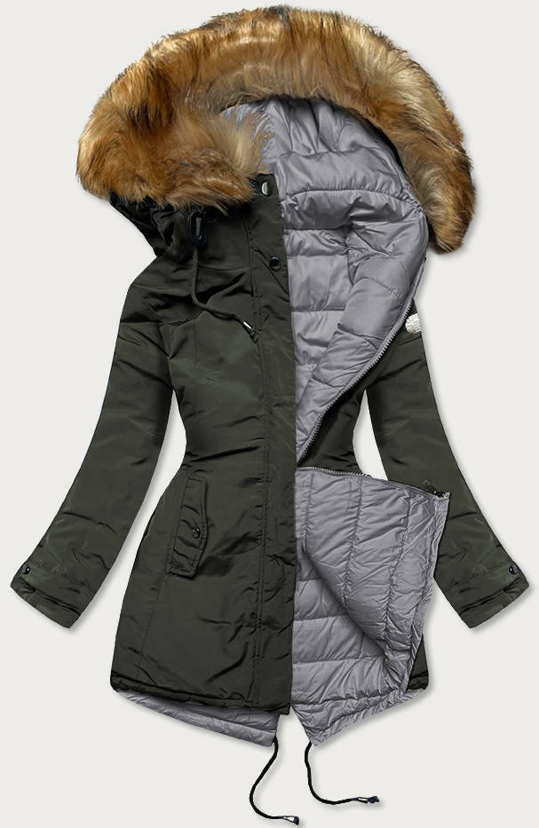 Oboustranná dámská zimní bunda v army-šedé barvě (M-21508) - XXL (44) - odcienie zieleni