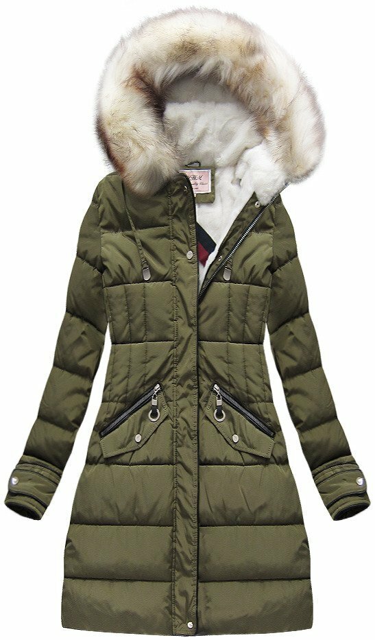 Dámská zimní prošívaná bunda v khaki barvě s kapucí (W734) - XXL (44) - khaki