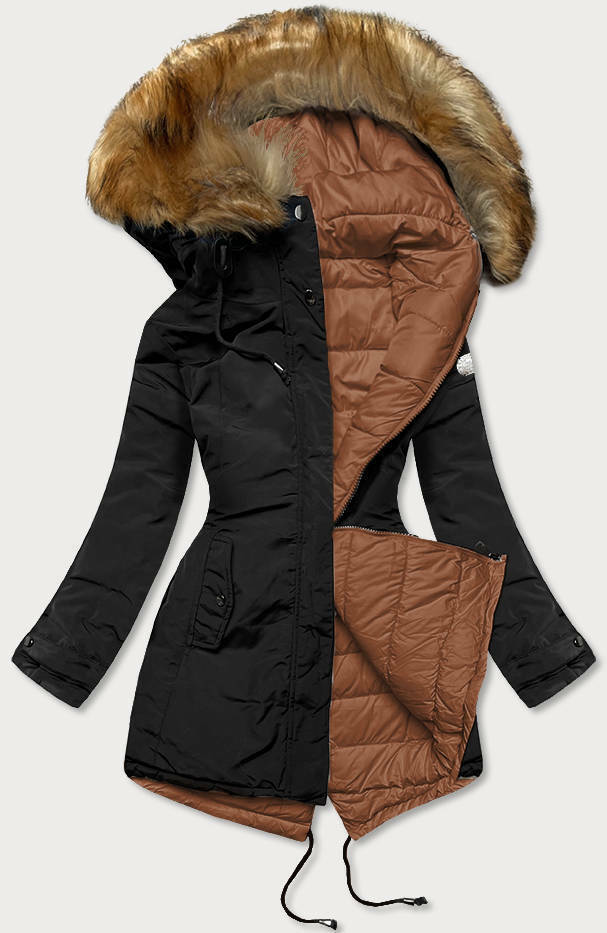 Černo-karamelová oboustranná dámská zimní bunda (M-21508) - S (36) - odcienie brązu