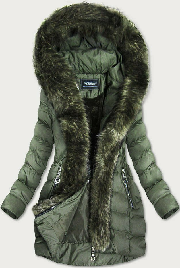 Dámská zimní prošívaná bunda v khaki barvě s kapucí (W756-1) - S (36) - khaki