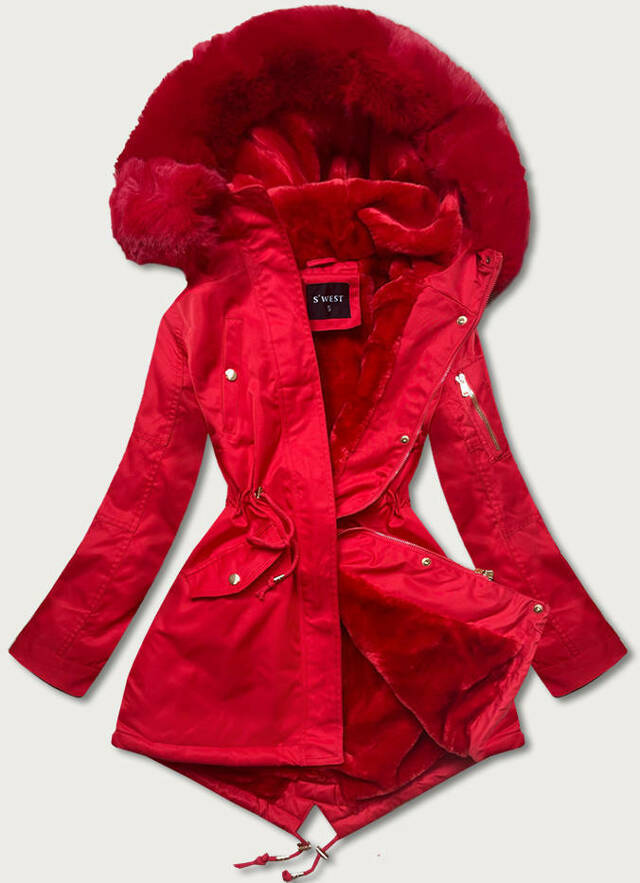 Červená dámská zimní bunda parka s kapucí (B531-4) - XL (42) - odcienie czerwieni