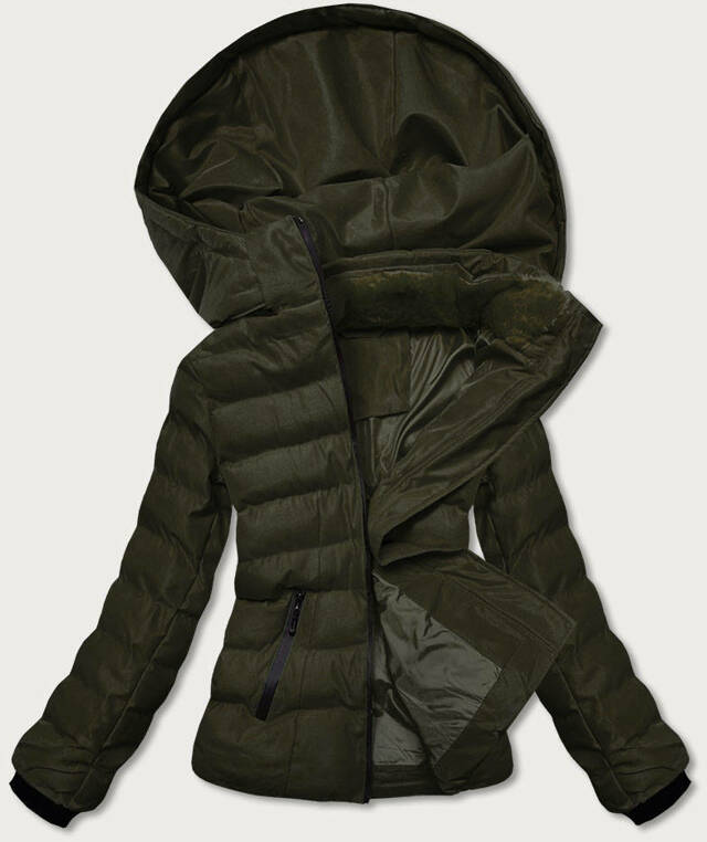 Dámská zimní bunda v army barvě s kožešinovým stojáčkem (5M769-136) - S (36) - odcienie zieleni
