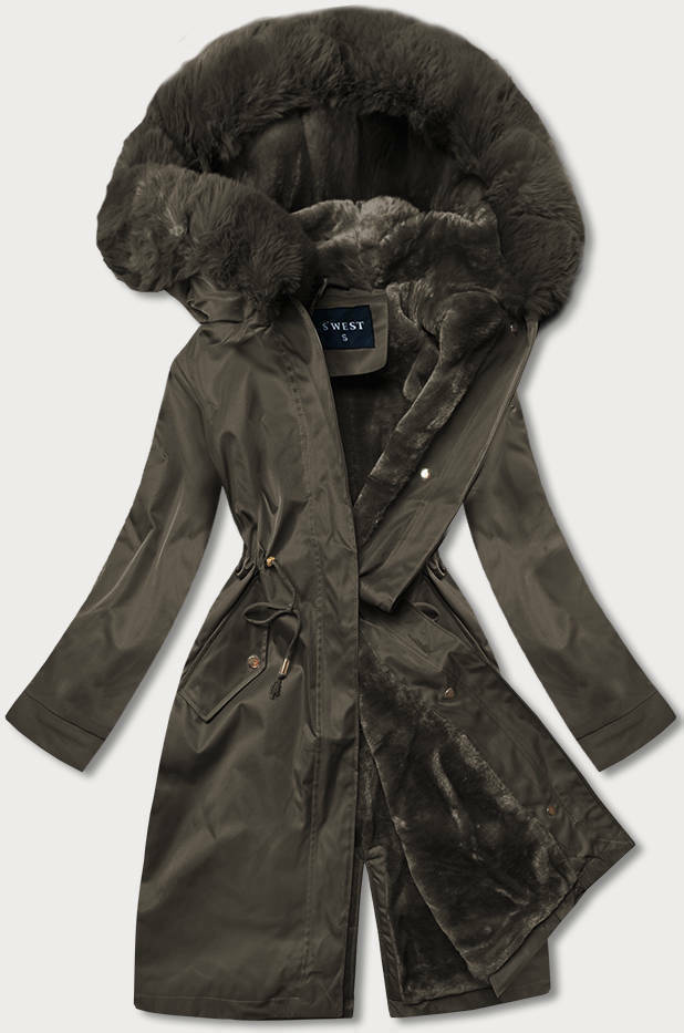 Dámská zimní bunda v khaki barvě s mechovitým kožíškem (B537-11) - S (36) - odcienie zieleni