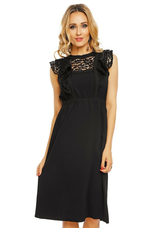 Dámské šaty s krajkovým rukávem středně dlouhé černé - Černá - Elli White - S/M - černá