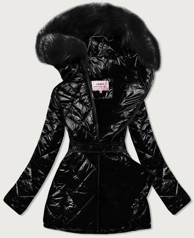 Černá lesklá zimní bunda s mechovitým kožíškem a s černou kožešinou (W756) - XXL (44) - odcienie czerni
