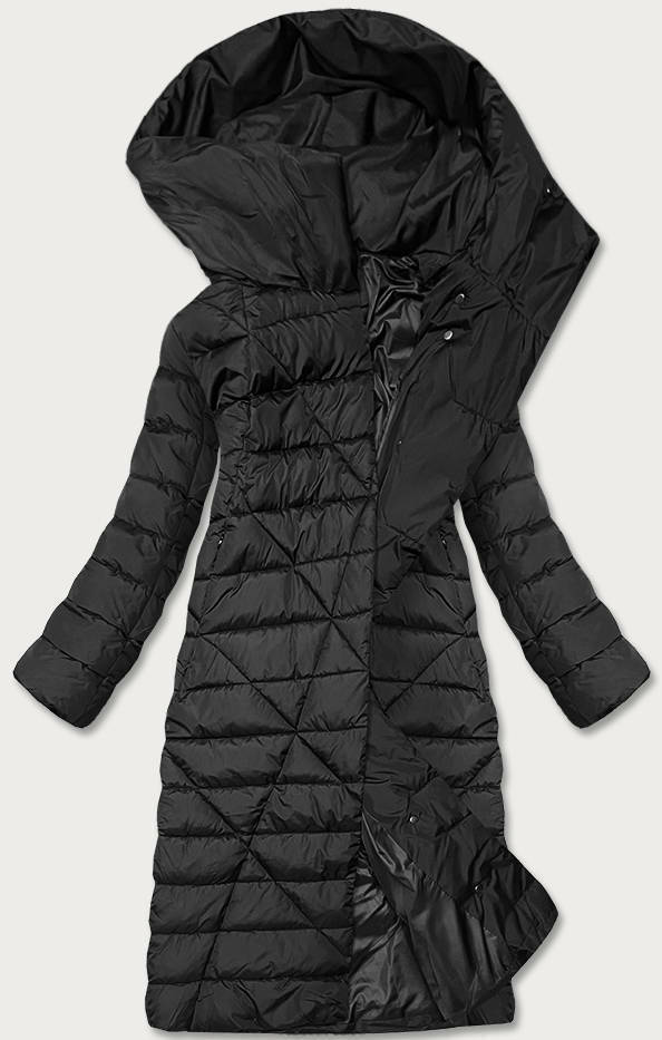 Dlouhá černá dámská zimní bunda s kapucí (MY043) - 46 - odcienie czerni