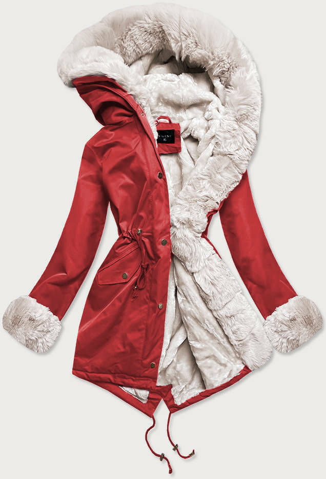 Červeno-ecru dámská zimní bunda parka s mechovitým kožíškem (B530-4046) - XS (34) - odcienie czerwieni